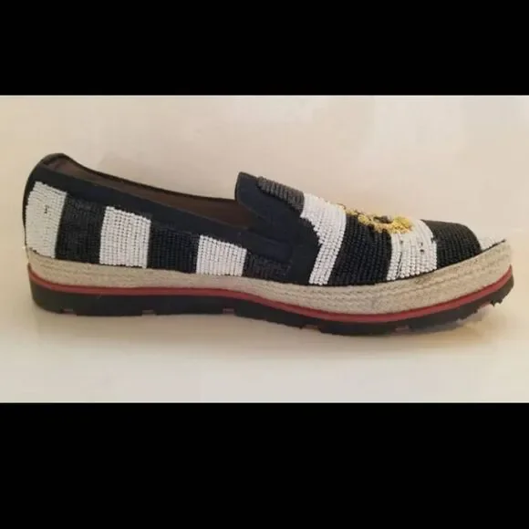 Donald J. Pliner Italian loafers size 6.5 striped black white royalty glam beade - Picture 3 of 10